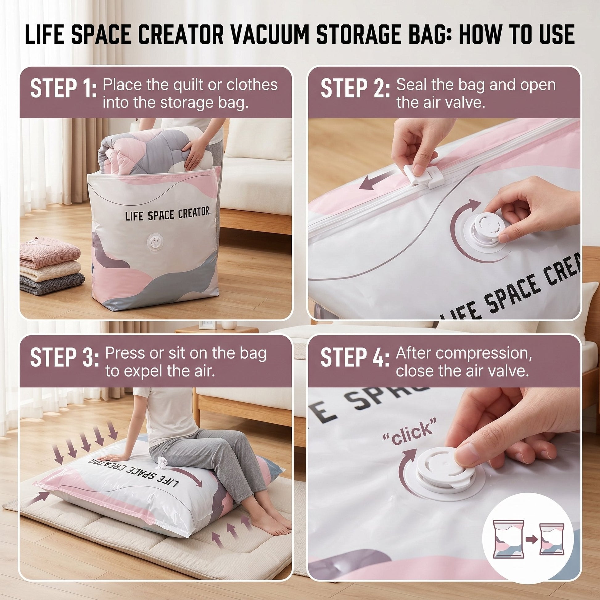 Large-capacity no-pump vacuum storage bag