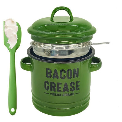 Top Christmas Gift 2026 🎅-46 oz bacon grease container with strainer and food-grade silicone spatula