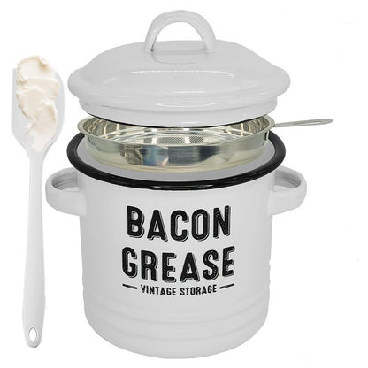 Top Christmas Gift 2026 🎅-46 oz bacon grease container with strainer and food-grade silicone spatula