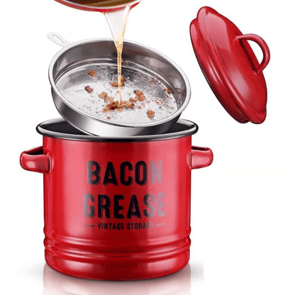Top Christmas Gift 2026 🎅-46 oz bacon grease container with strainer and food-grade silicone spatula