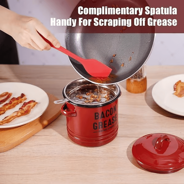 Top Christmas Gift 2026 🎅-46 oz bacon grease container with strainer and food-grade silicone spatula