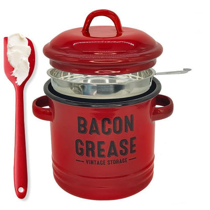 Top Christmas Gift 2026 🎅-46 oz bacon grease container with strainer and food-grade silicone spatula